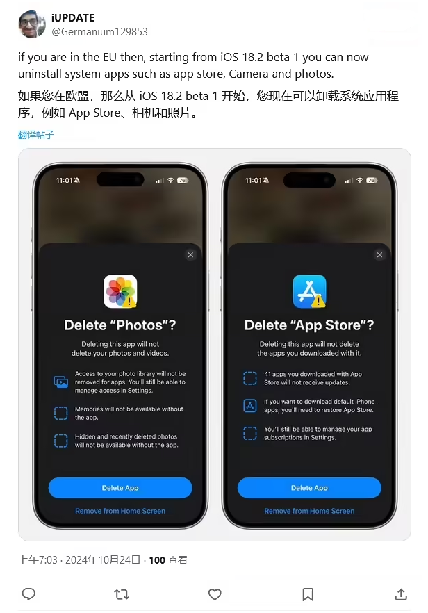 炎陵苹果手机维修分享iOS 18.2 支持删除 App Store 应用商店 